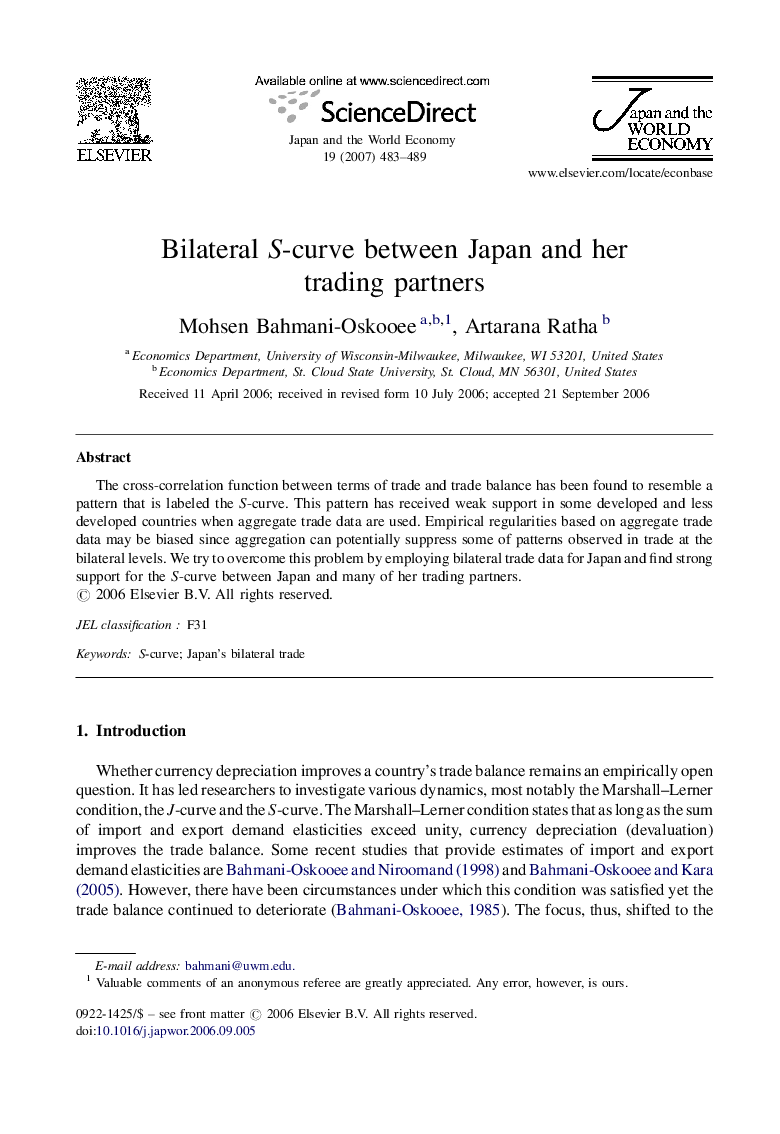 Bilateral S-curve between Japan and her trading partners