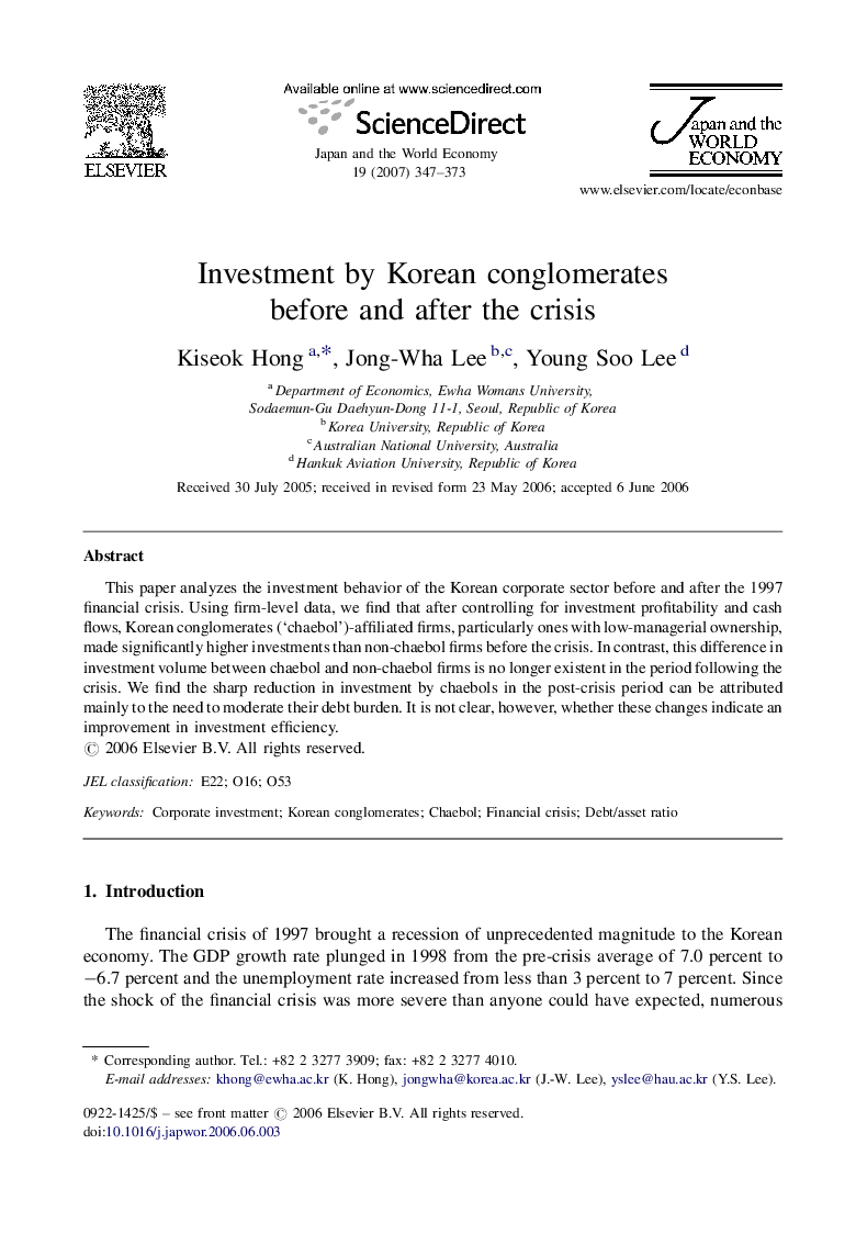Investment by Korean conglomerates before and after the crisis