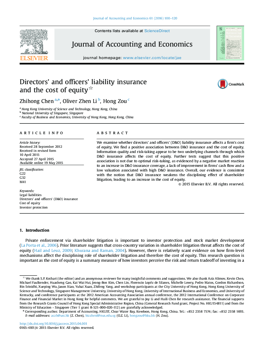 Directors×³ and officers×³ liability insurance and the cost of equity