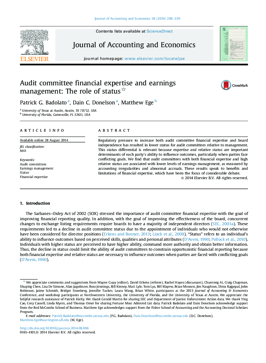 Audit committee financial expertise and earnings management: The role of status