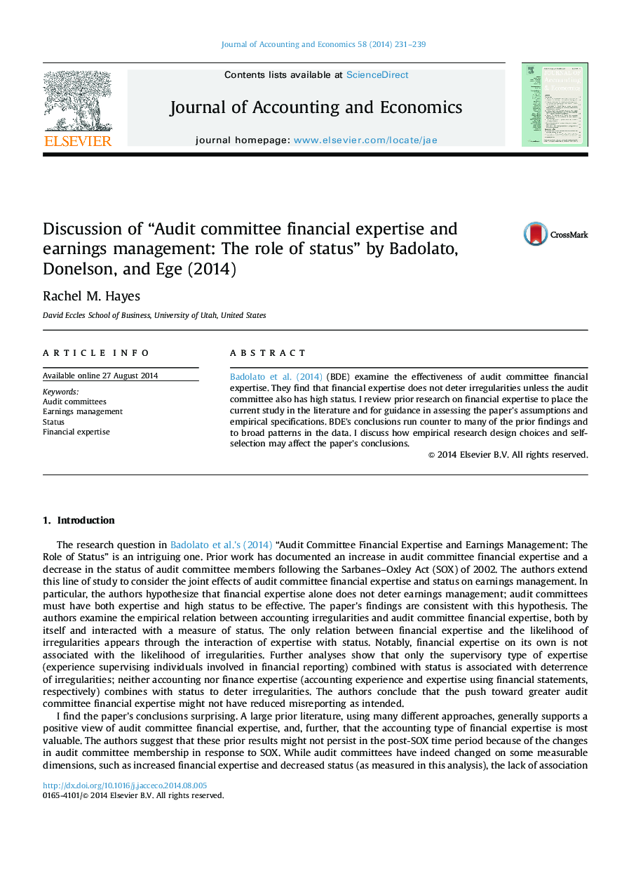 Discussion of “Audit committee financial expertise and earnings management: The role of status” by Badolato, Donelson, and Ege (2014)