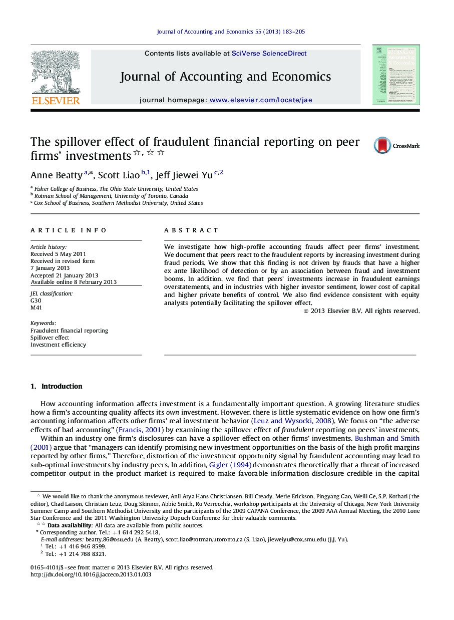 The spillover effect of fraudulent financial reporting on peer firms' investments