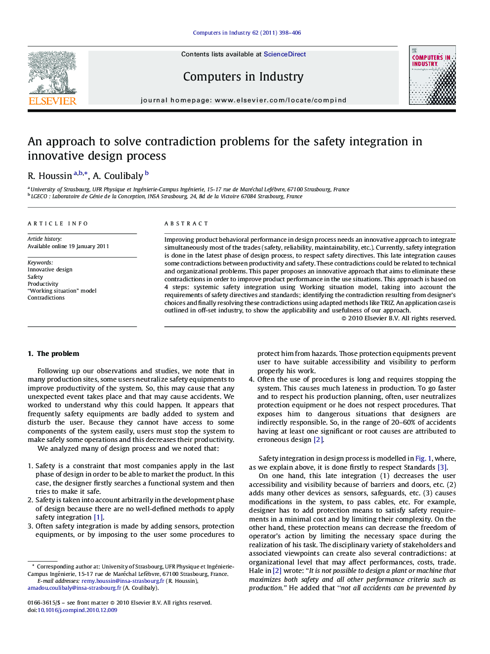 An approach to solve contradiction problems for the safety integration in innovative design process