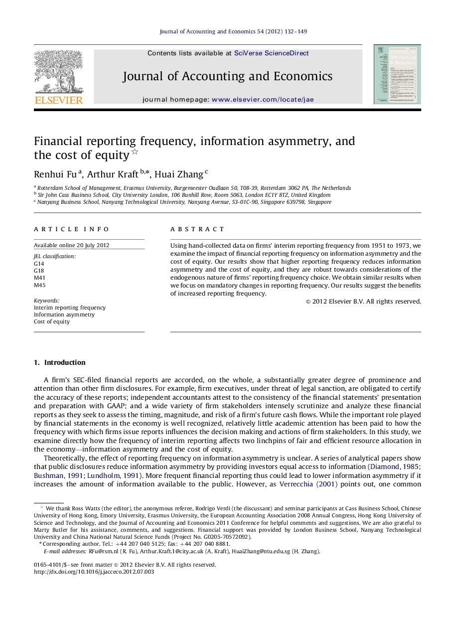 Financial reporting frequency, information asymmetry, and the cost of equity