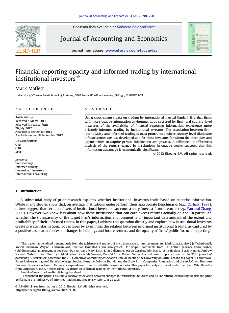 Financial reporting opacity and informed trading by international institutional investors