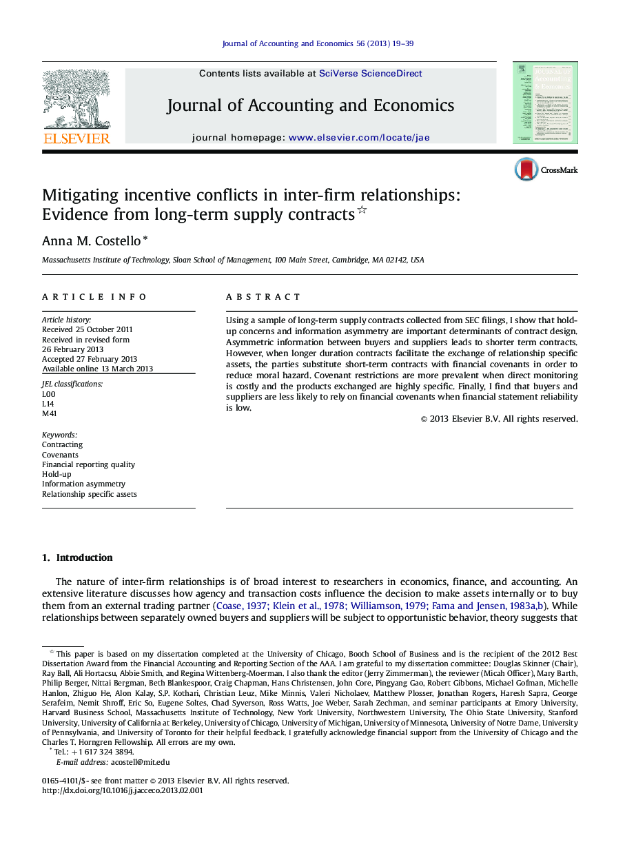 Mitigating incentive conflicts in inter-firm relationships: Evidence from long-term supply contracts