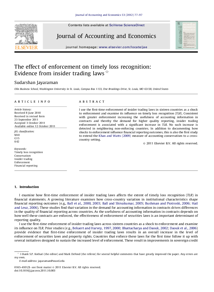 The effect of enforcement on timely loss recognition: Evidence from insider trading laws