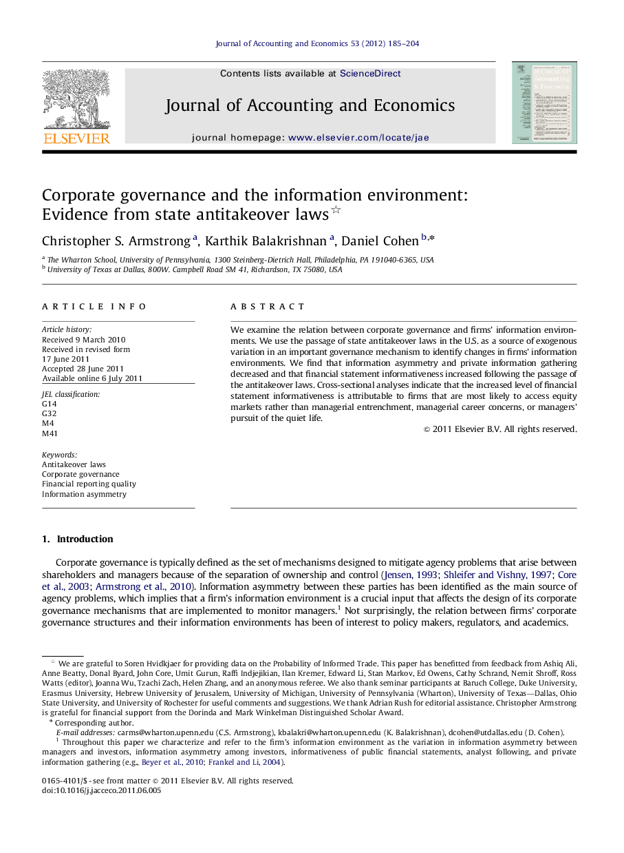 Corporate governance and the information environment: Evidence from state antitakeover laws