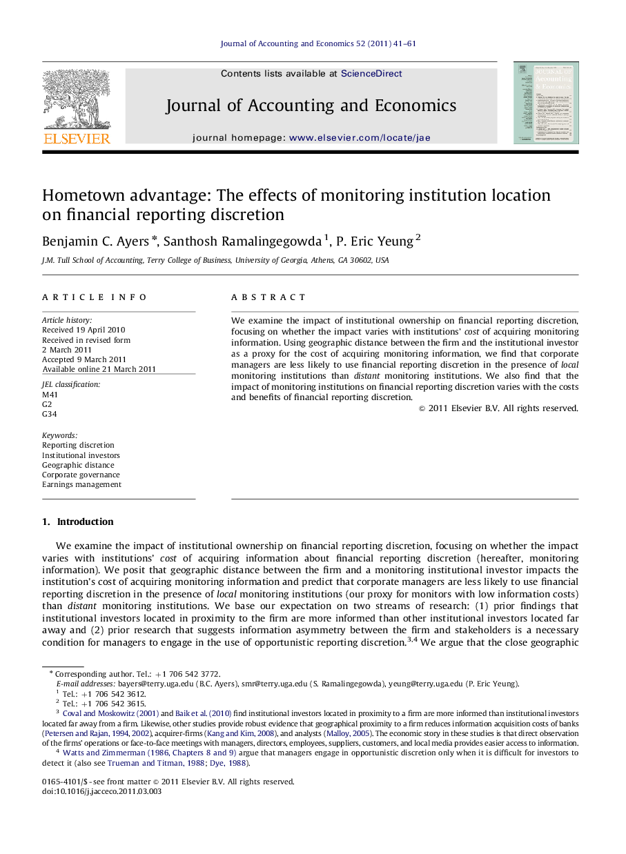 Hometown advantage: The effects of monitoring institution location on financial reporting discretion