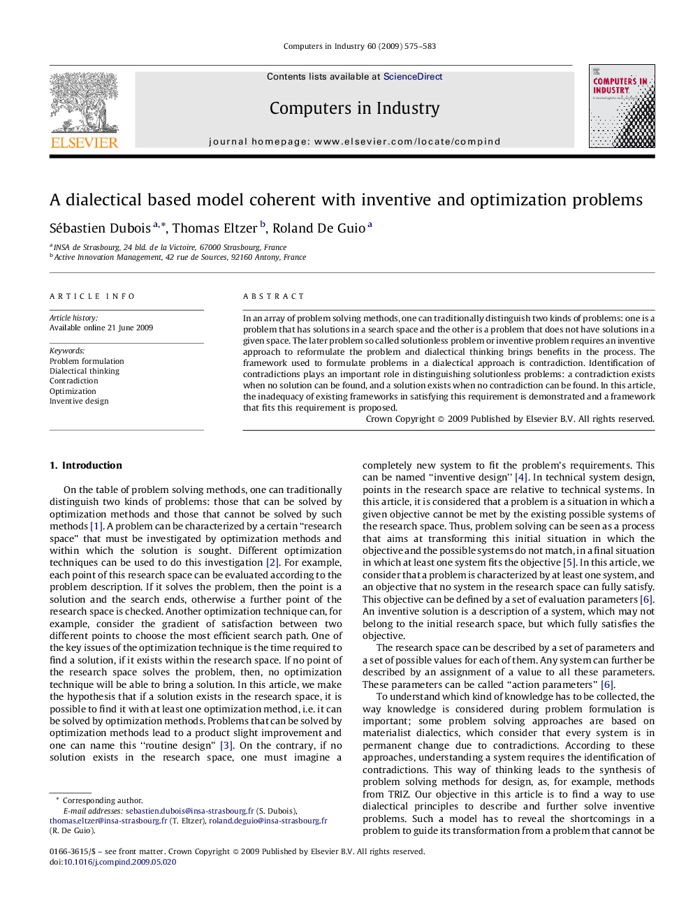 A dialectical based model coherent with inventive and optimization problems