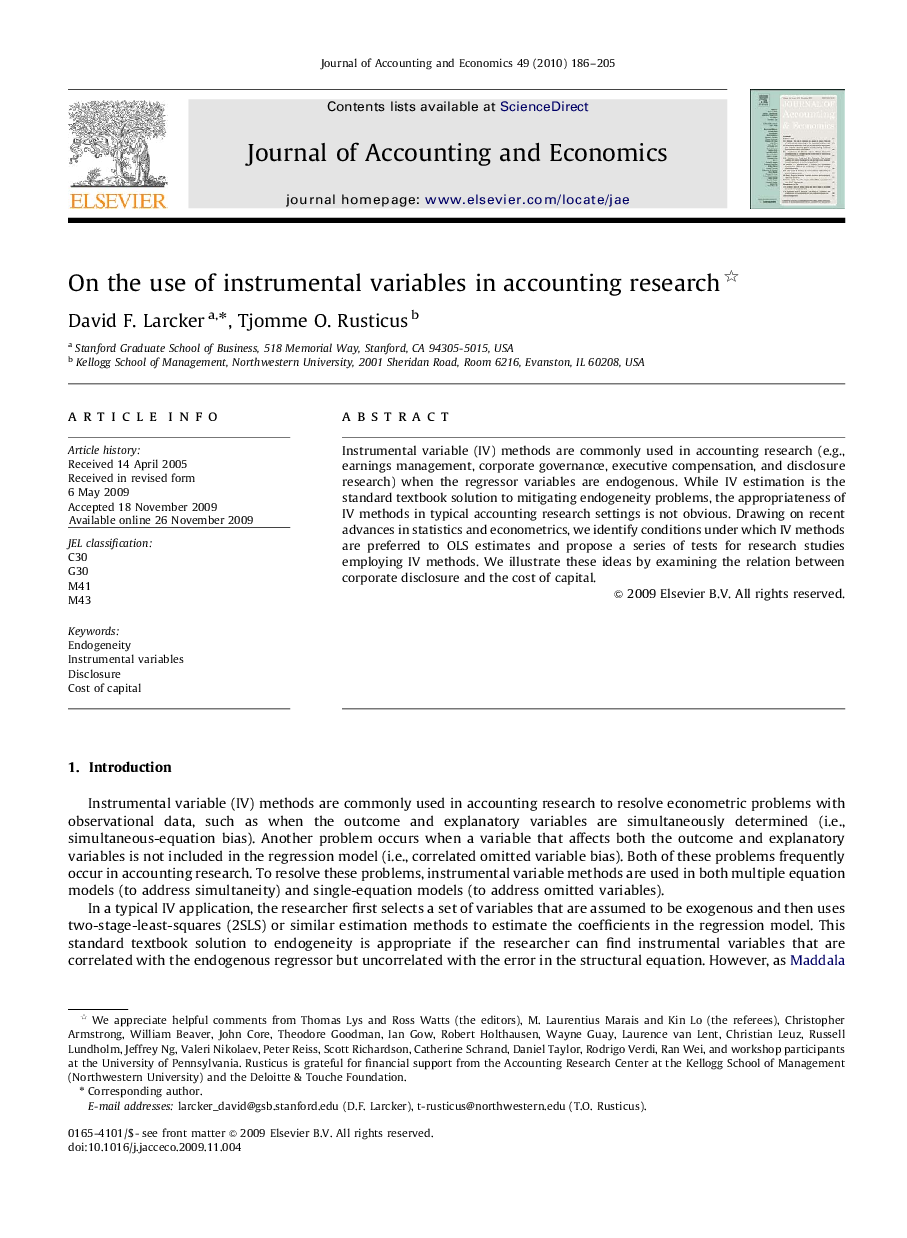 On the use of instrumental variables in accounting research