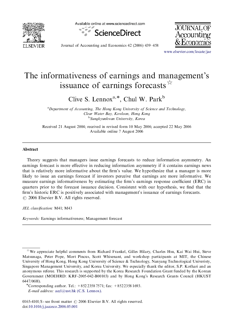 The informativeness of earnings and management's issuance of earnings forecasts