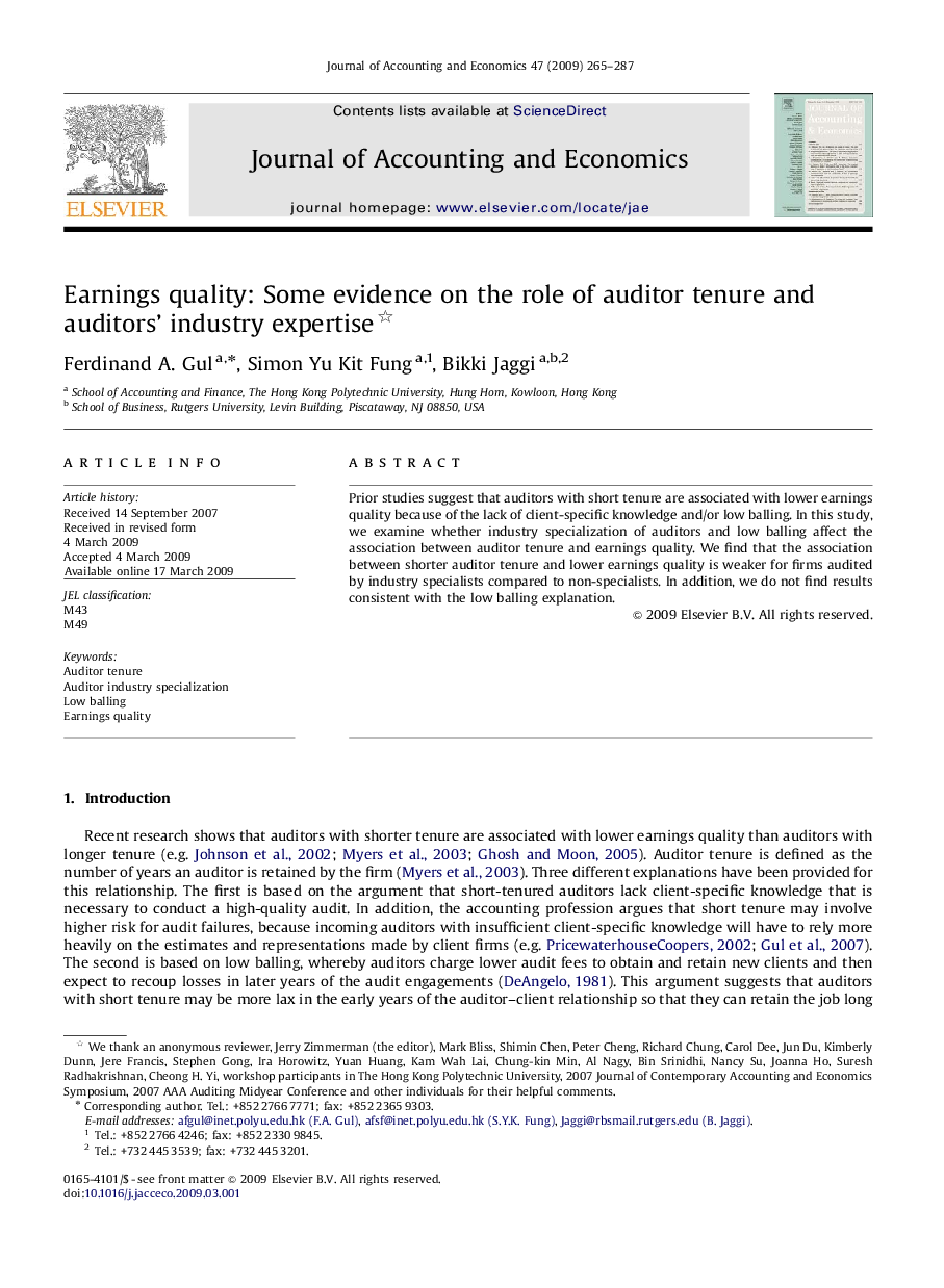 Earnings quality: Some evidence on the role of auditor tenure and auditors' industry expertise