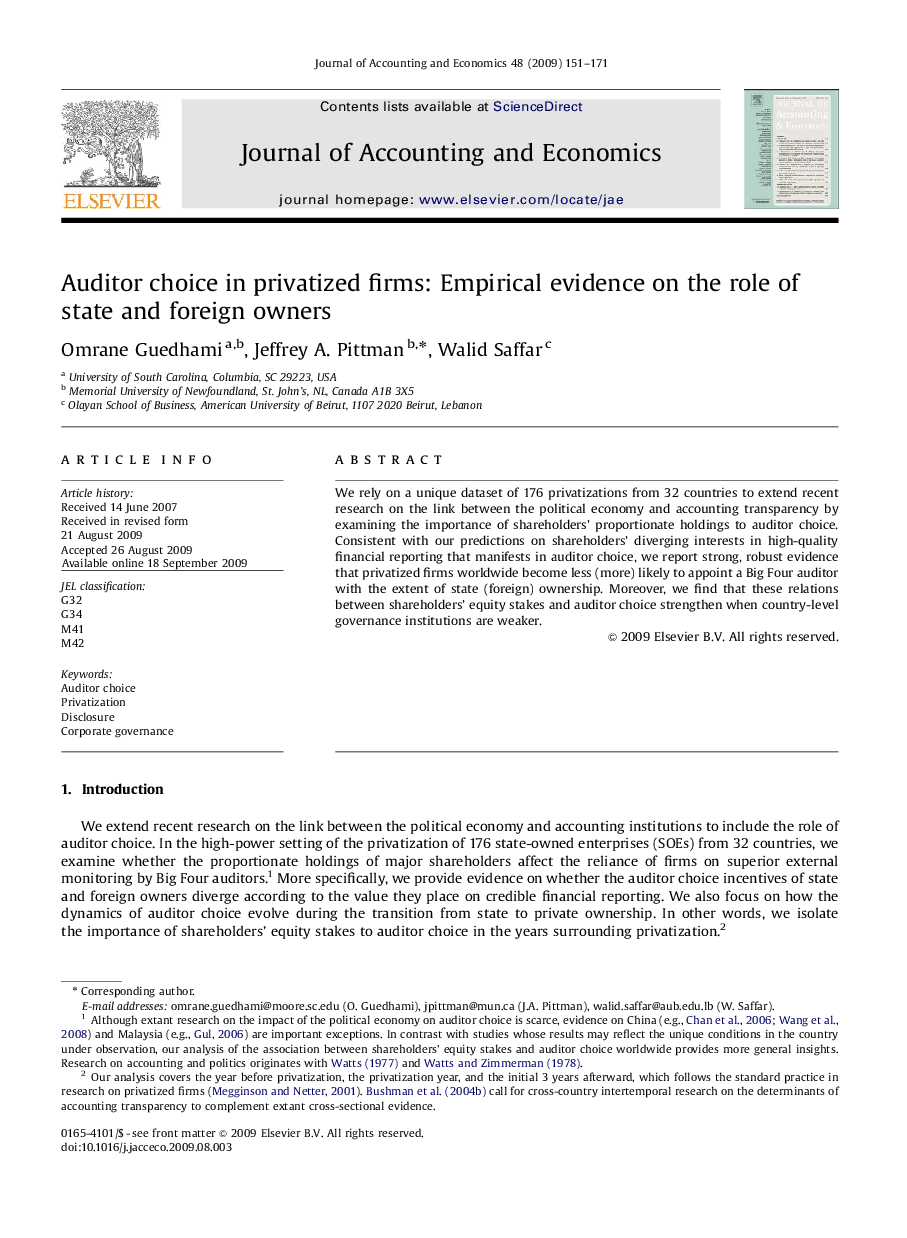 Auditor choice in privatized firms: Empirical evidence on the role of state and foreign owners