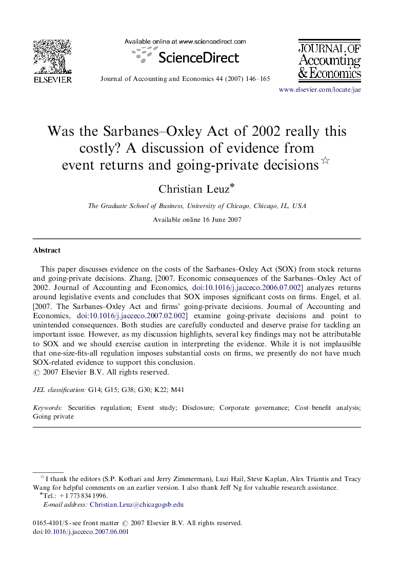 Was the Sarbanes-Oxley Act of 2002 really this costly? A discussion of evidence from event returns and going-private decisions