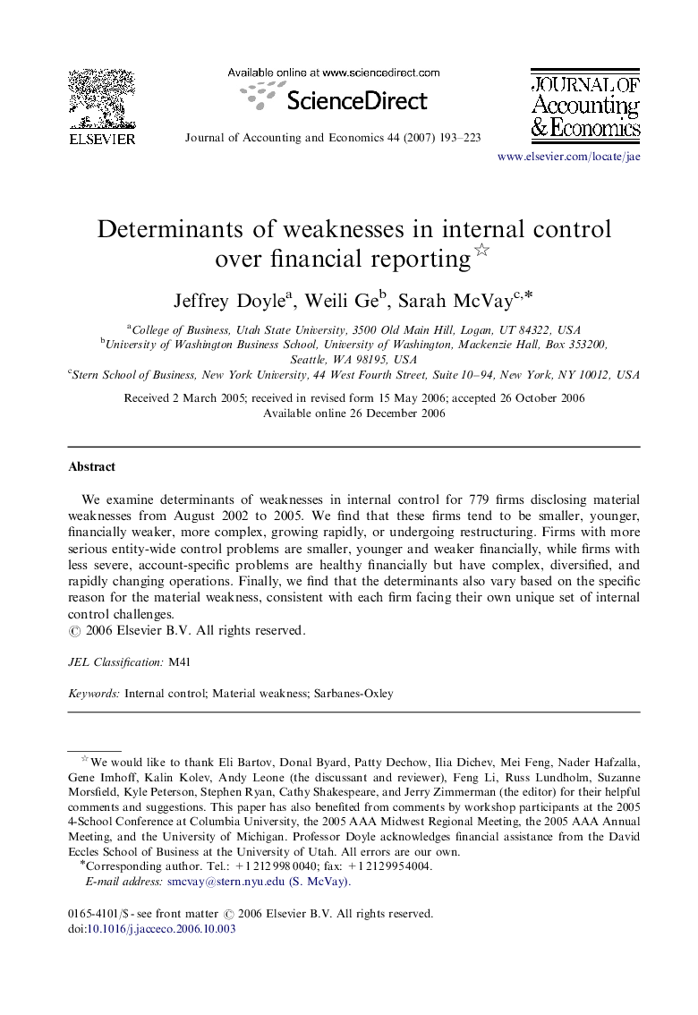 Determinants of weaknesses in internal control over financial reporting