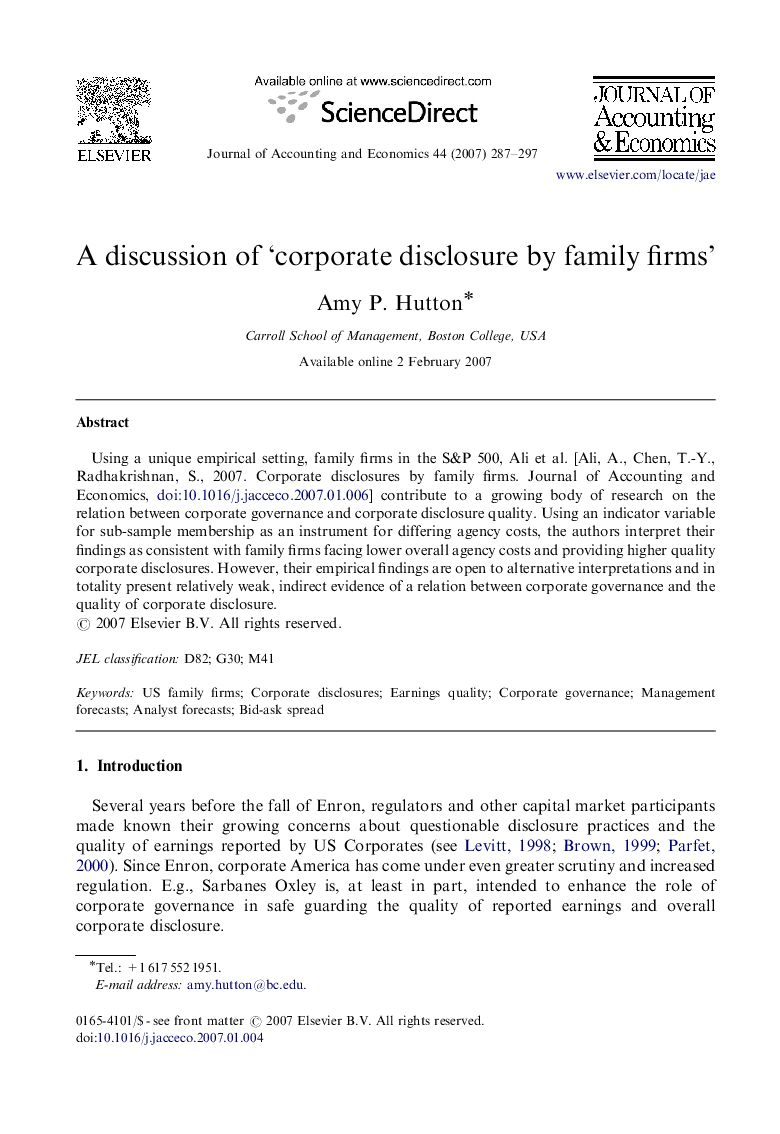 A discussion of 'corporate disclosure by family firms'