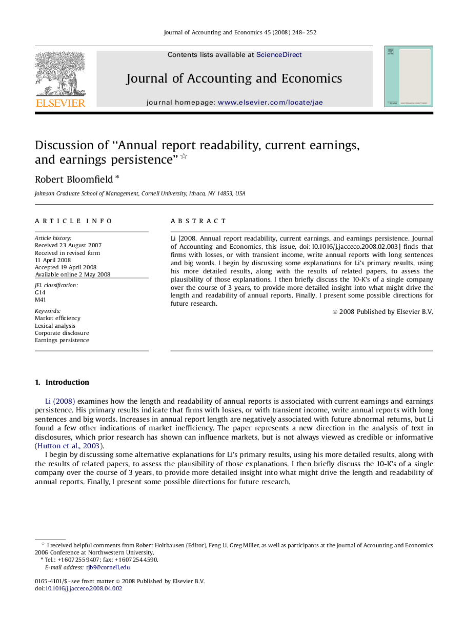 Discussion of “Annual report readability, current earnings, and earnings persistence”