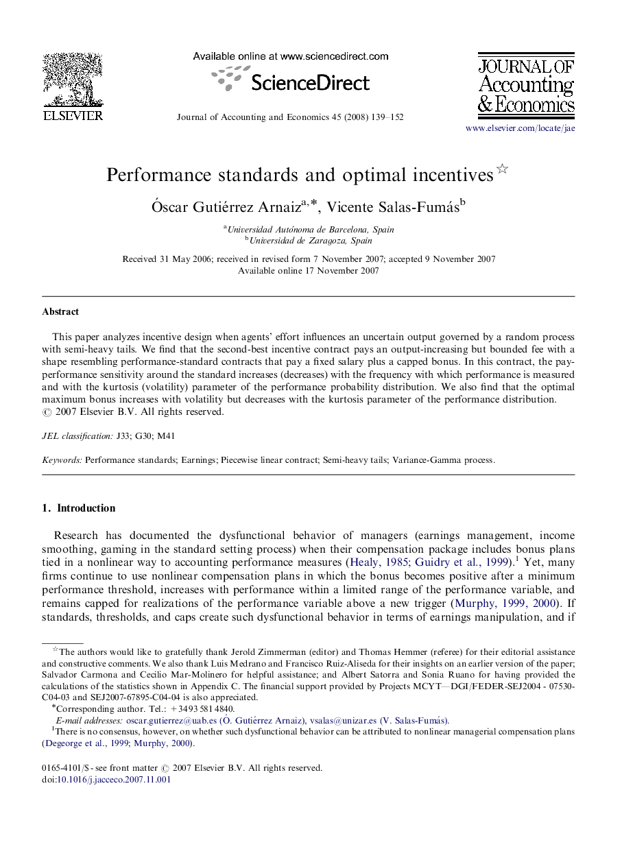 Performance standards and optimal incentives