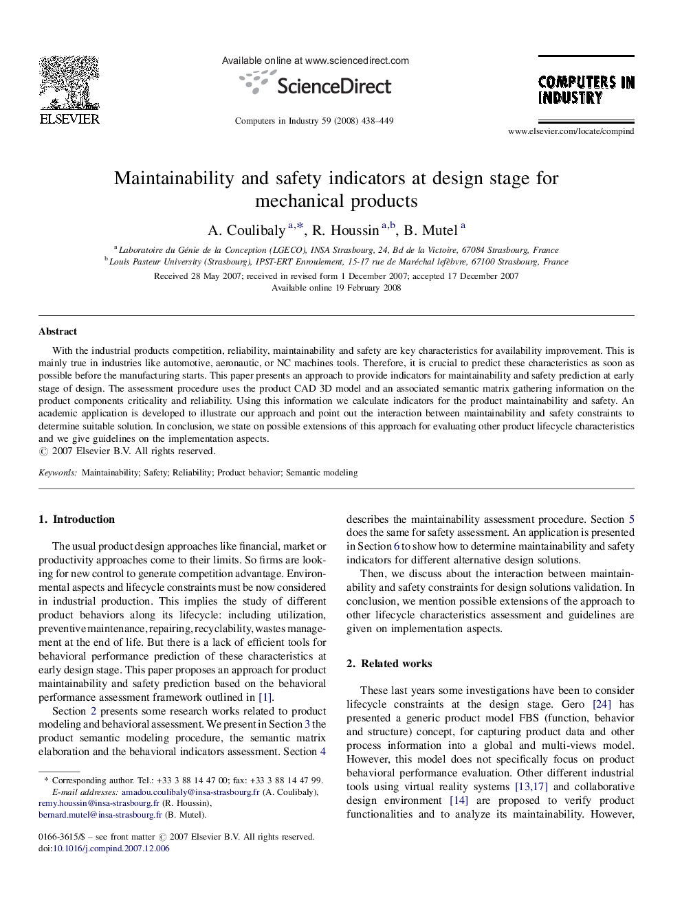 Maintainability and safety indicators at design stage for mechanical products