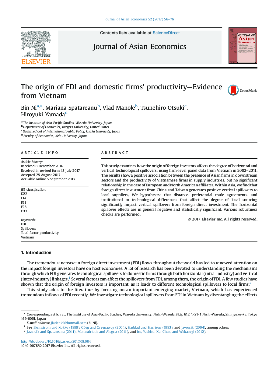 The origin of FDI and domestic firms’ productivity—Evidence from Vietnam