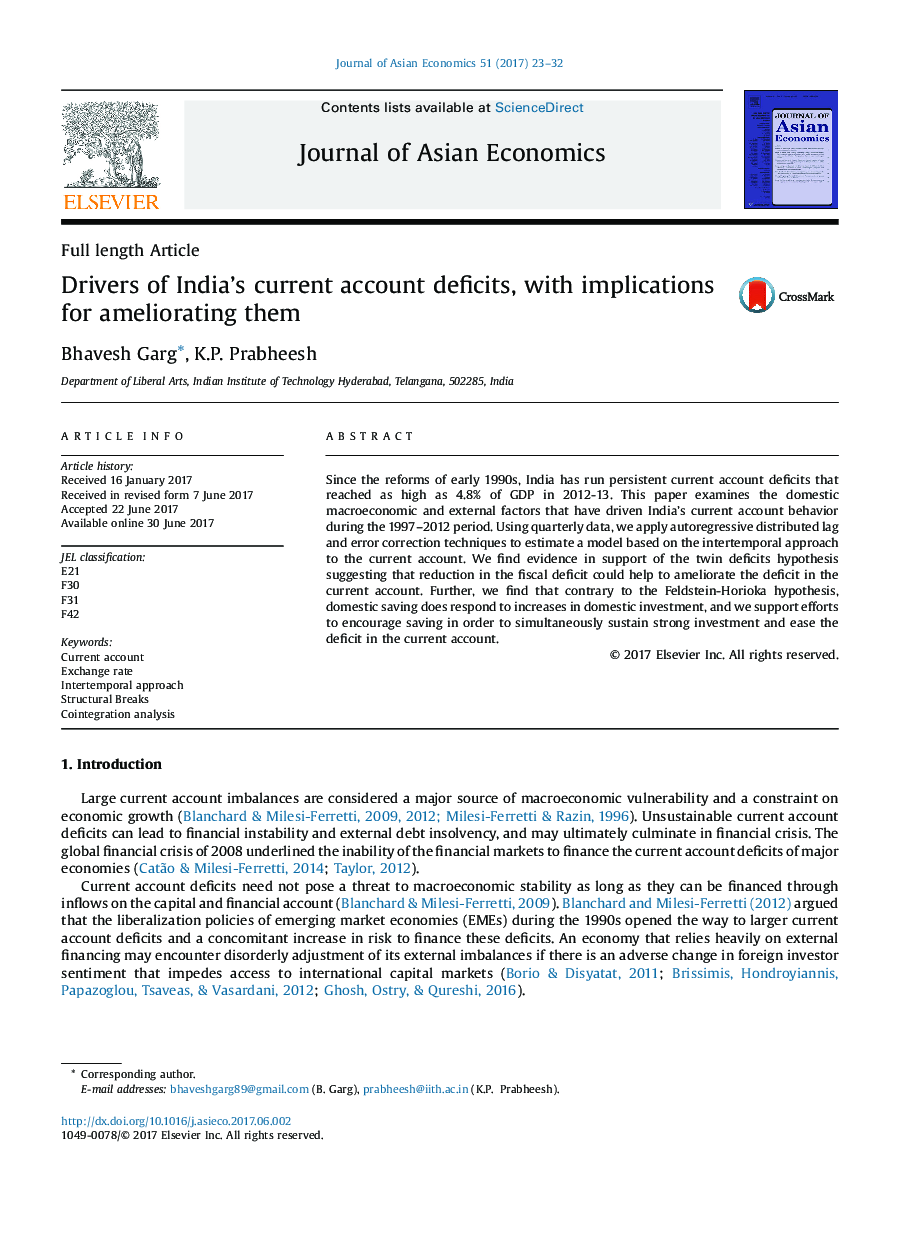 Full length ArticleDrivers of India's current account deficits, with implications for ameliorating them