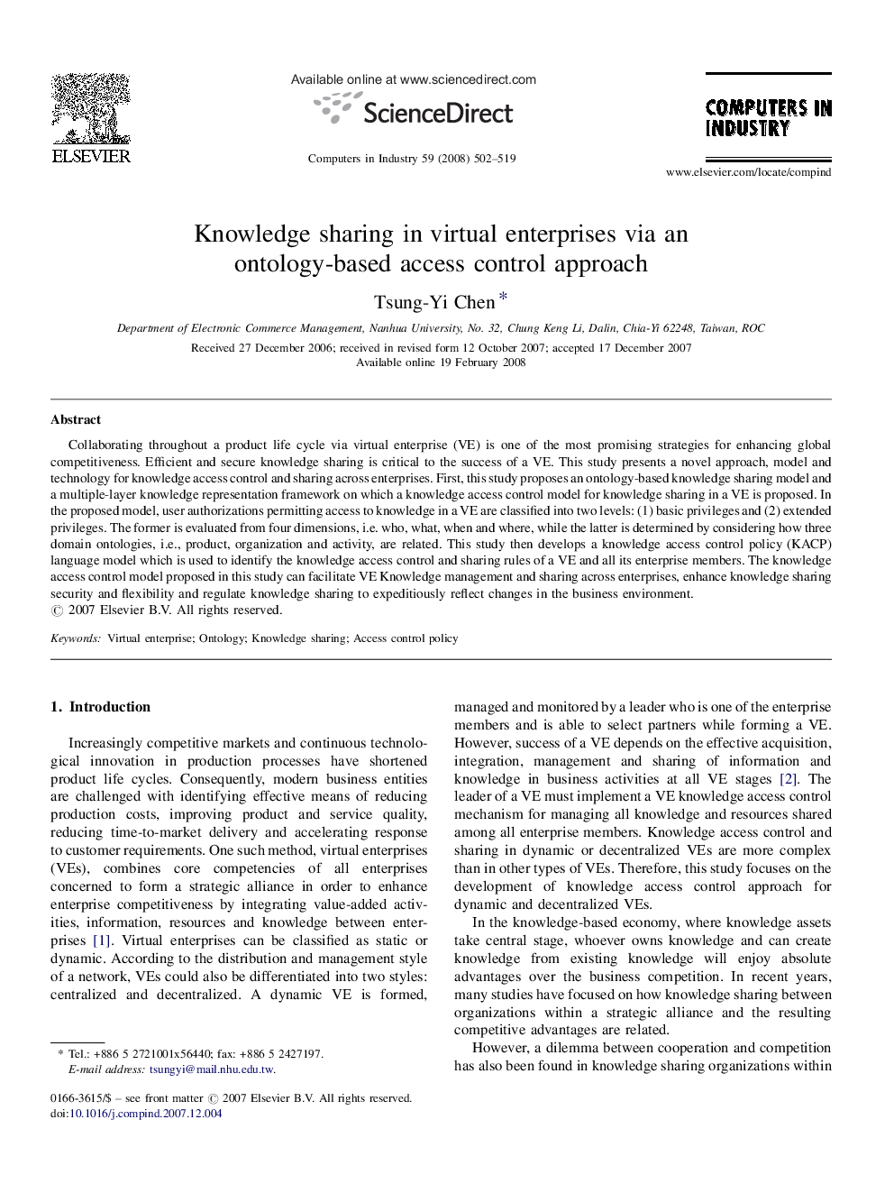 Knowledge sharing in virtual enterprises via an ontology-based access control approach