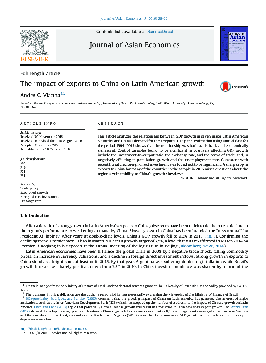 Full length articleThe impact of exports to China on Latin American growth