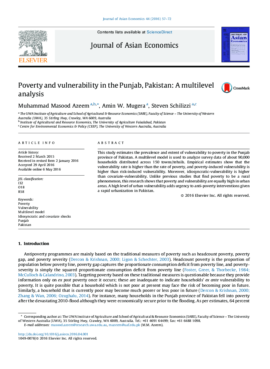 Poverty and vulnerability in the Punjab, Pakistan: A multilevel analysis