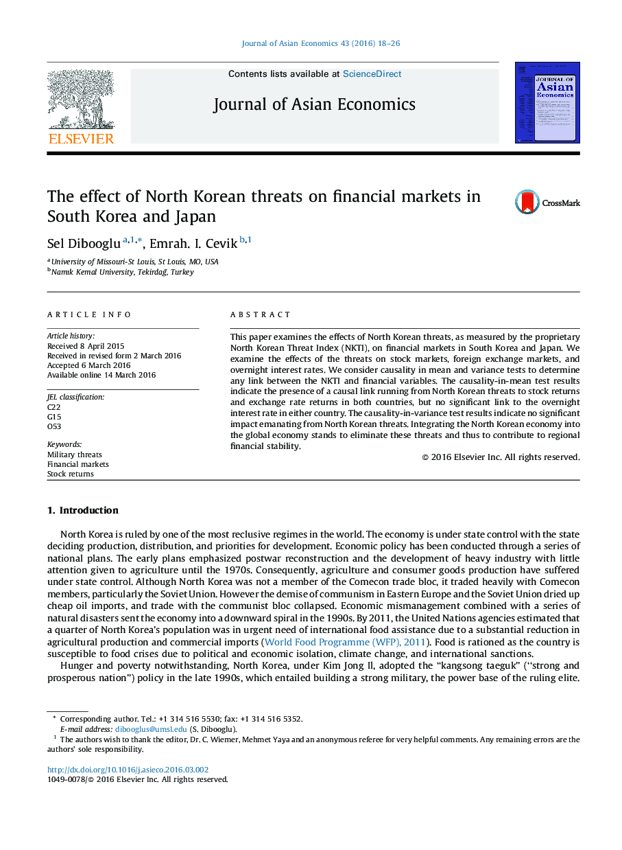 The effect of North Korean threats on financial markets in South Korea and Japan