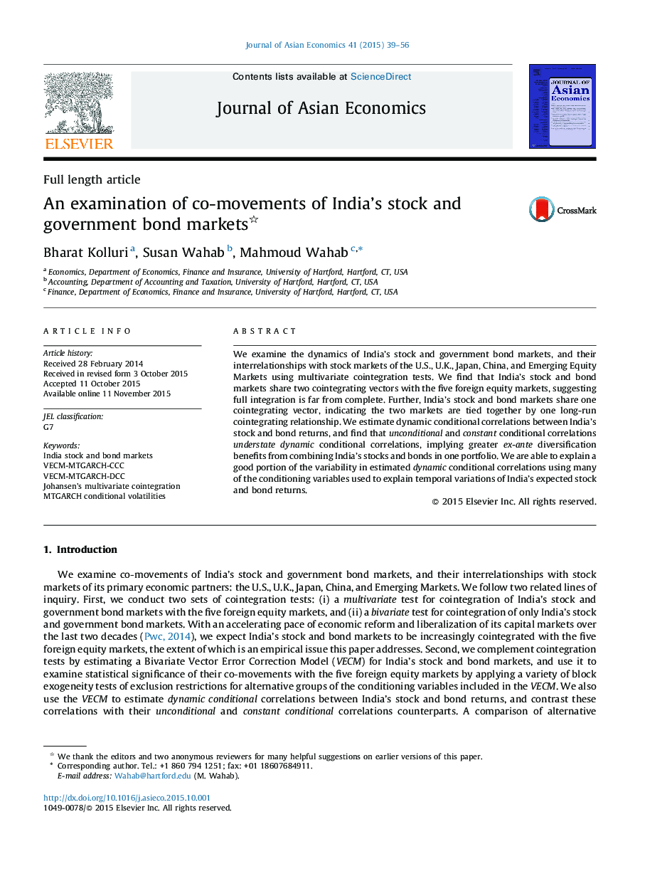 Full length articleAn examination of co-movements of India's stock and government bond markets