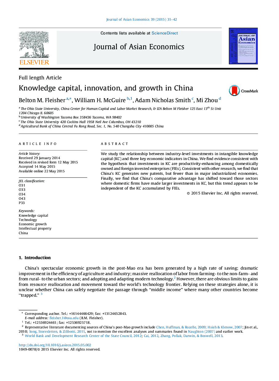 Full length ArticleKnowledge capital, innovation, and growth in China