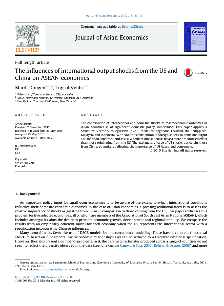 Full length articleThe influences of international output shocks from the US and China on ASEAN economies