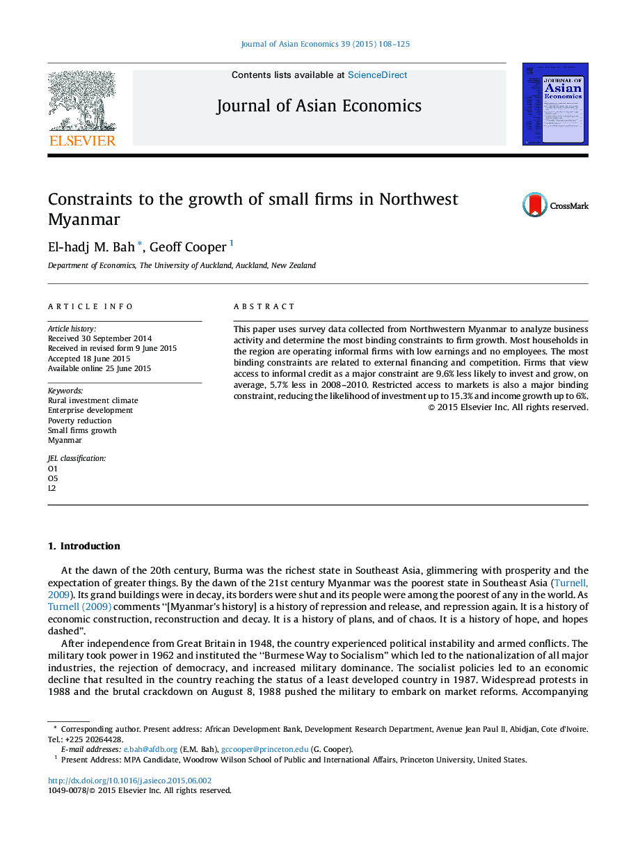 Constraints to the growth of small firms in Northwest Myanmar