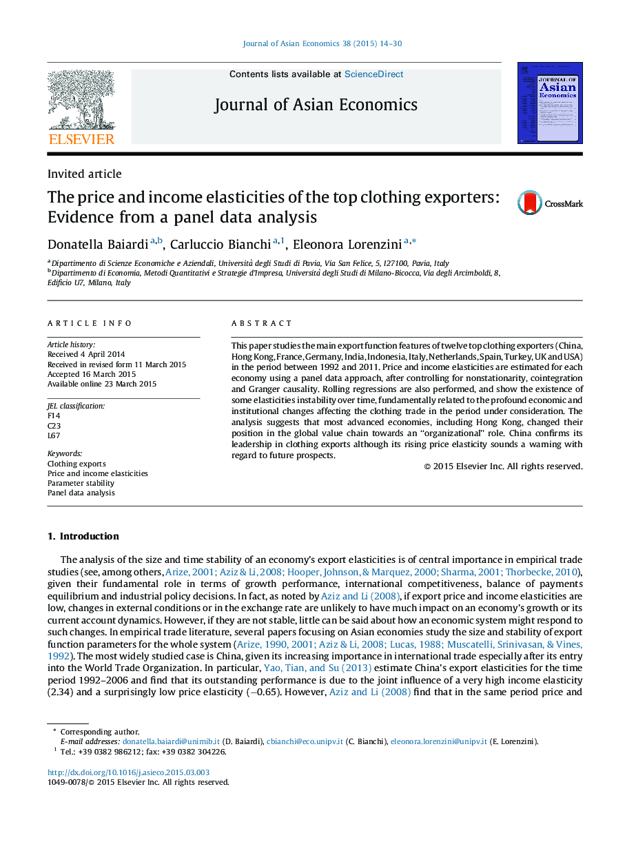 Invited articleThe price and income elasticities of the top clothing exporters: Evidence from a panel data analysis