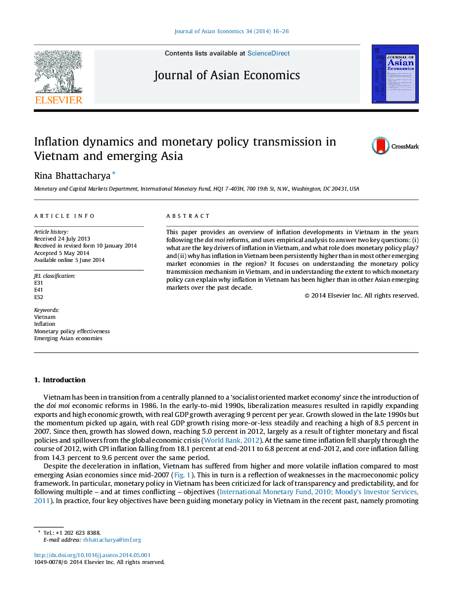 Inflation dynamics and monetary policy transmission in Vietnam and emerging Asia