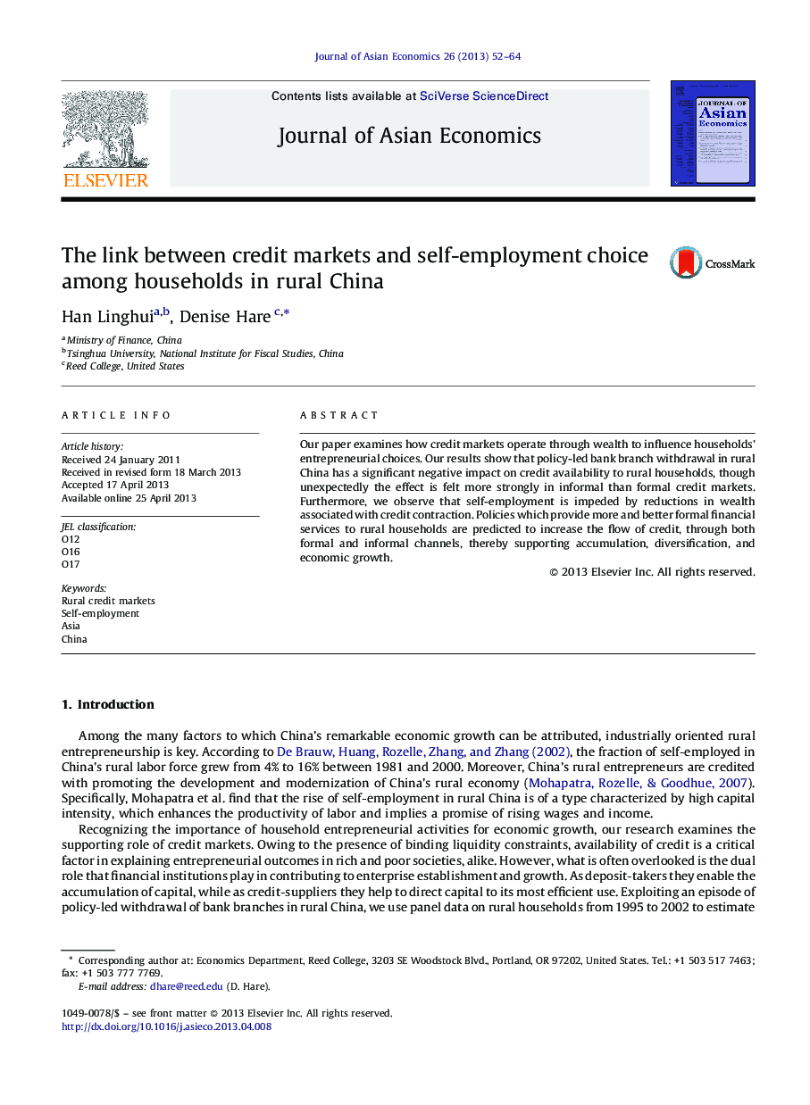 The link between credit markets and self-employment choice among households in rural China