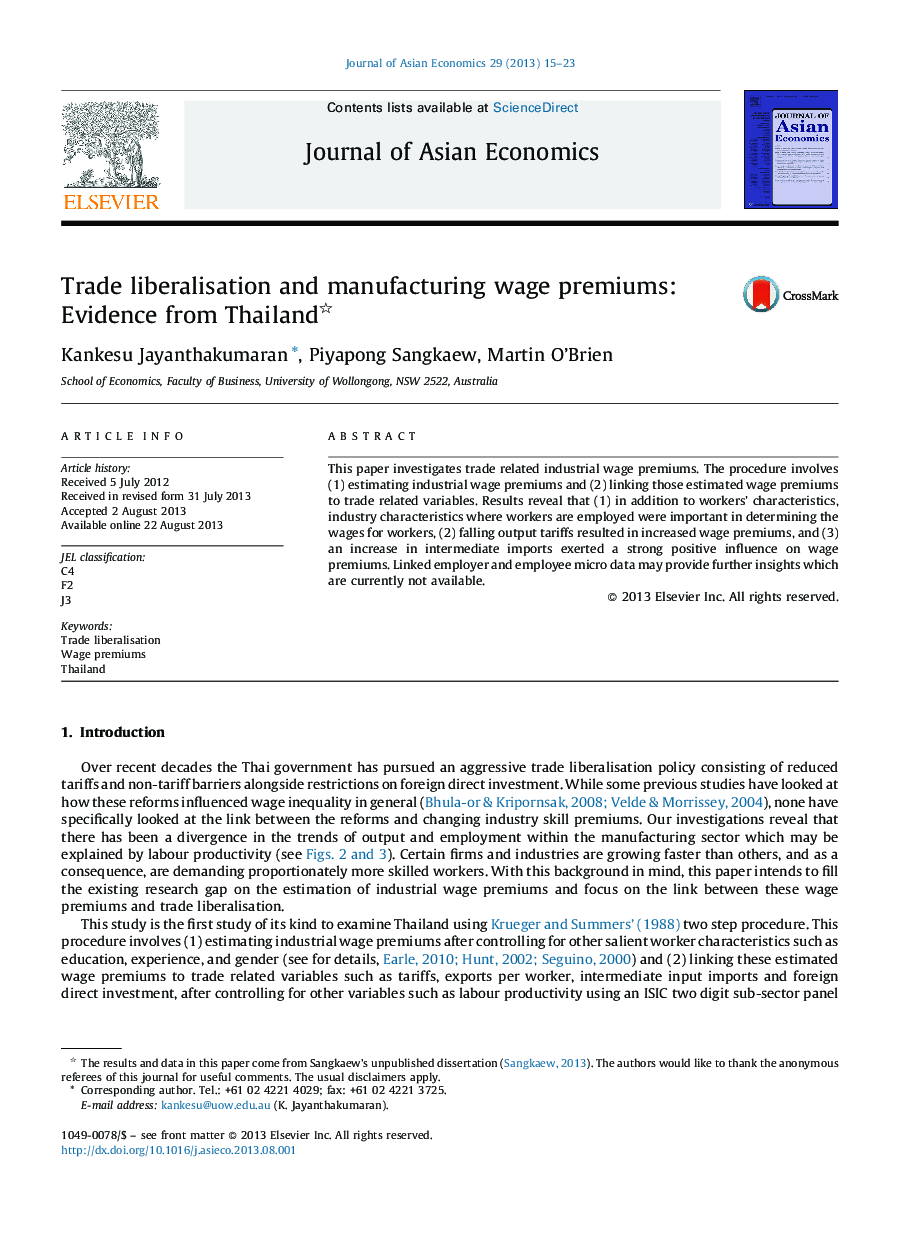 Trade liberalisation and manufacturing wage premiums: Evidence from Thailand