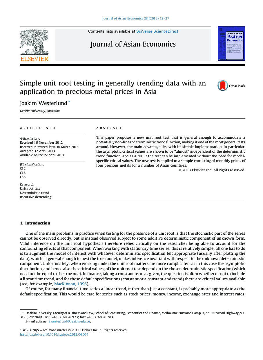 Simple unit root testing in generally trending data with an application to precious metal prices in Asia