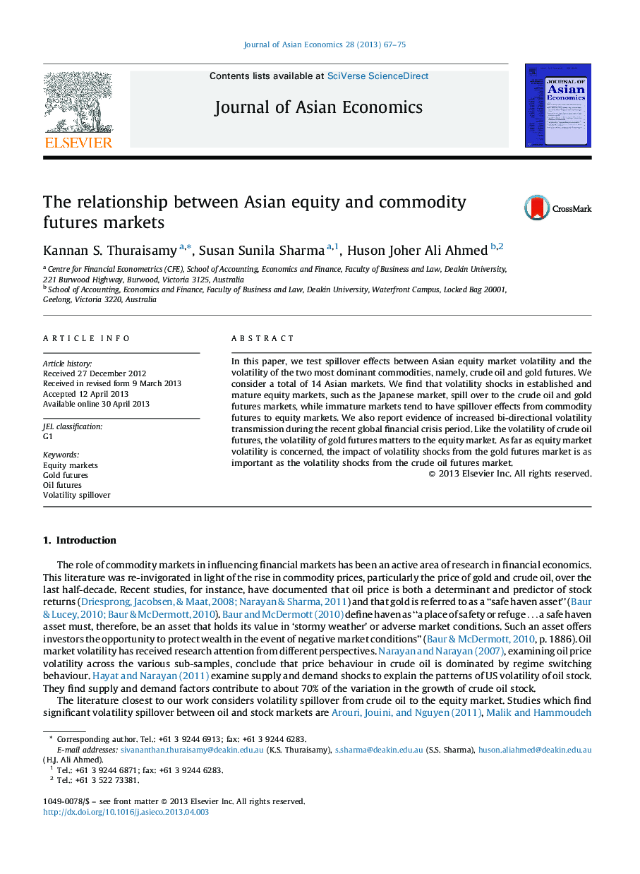 The relationship between Asian equity and commodity futures markets
