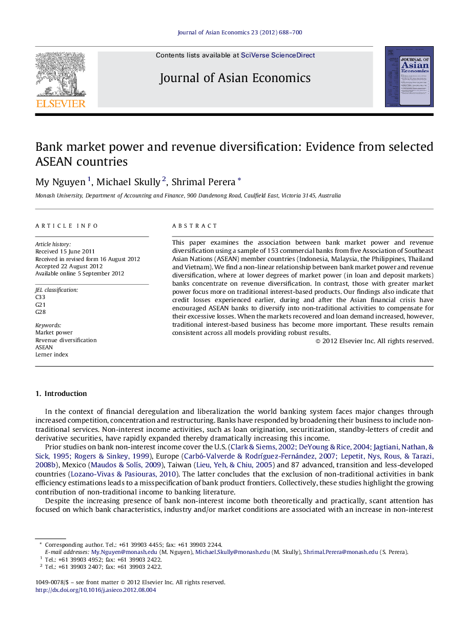 Bank market power and revenue diversification: Evidence from selected ASEAN countries