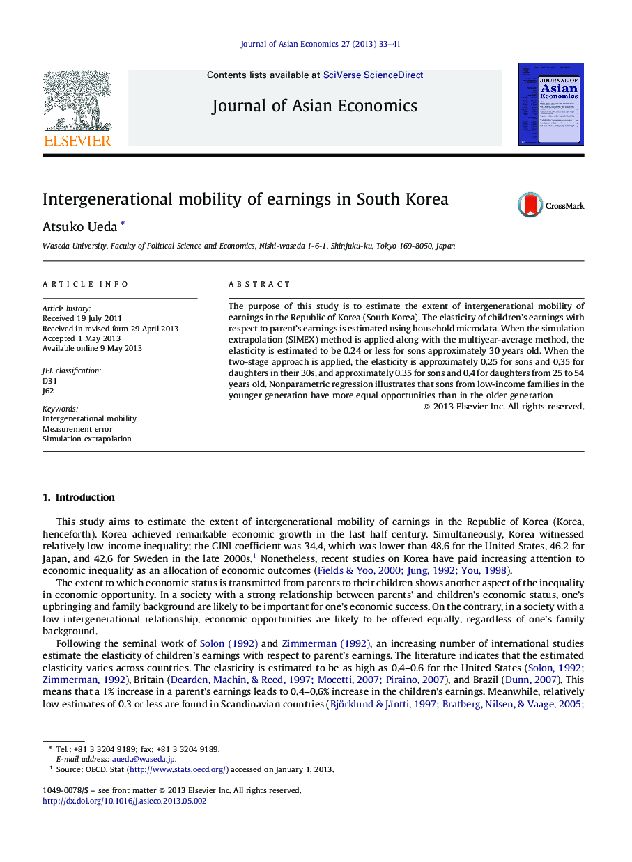 Intergenerational mobility of earnings in South Korea