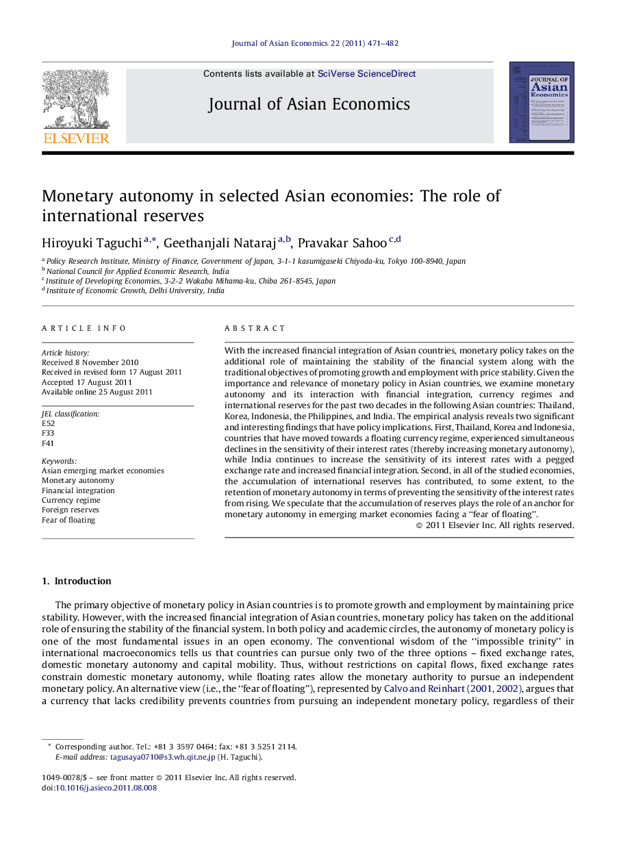 Monetary autonomy in selected Asian economies: The role of international reserves