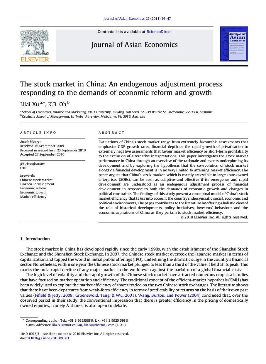 The stock market in China: An endogenous adjustment process responding to the demands of economic reform and growth