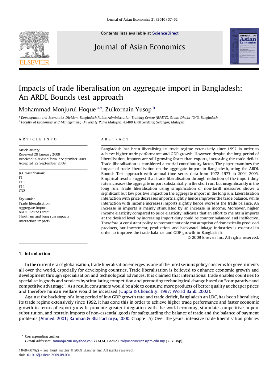 Impacts of trade liberalisation on aggregate import in Bangladesh: An ARDL Bounds test approach