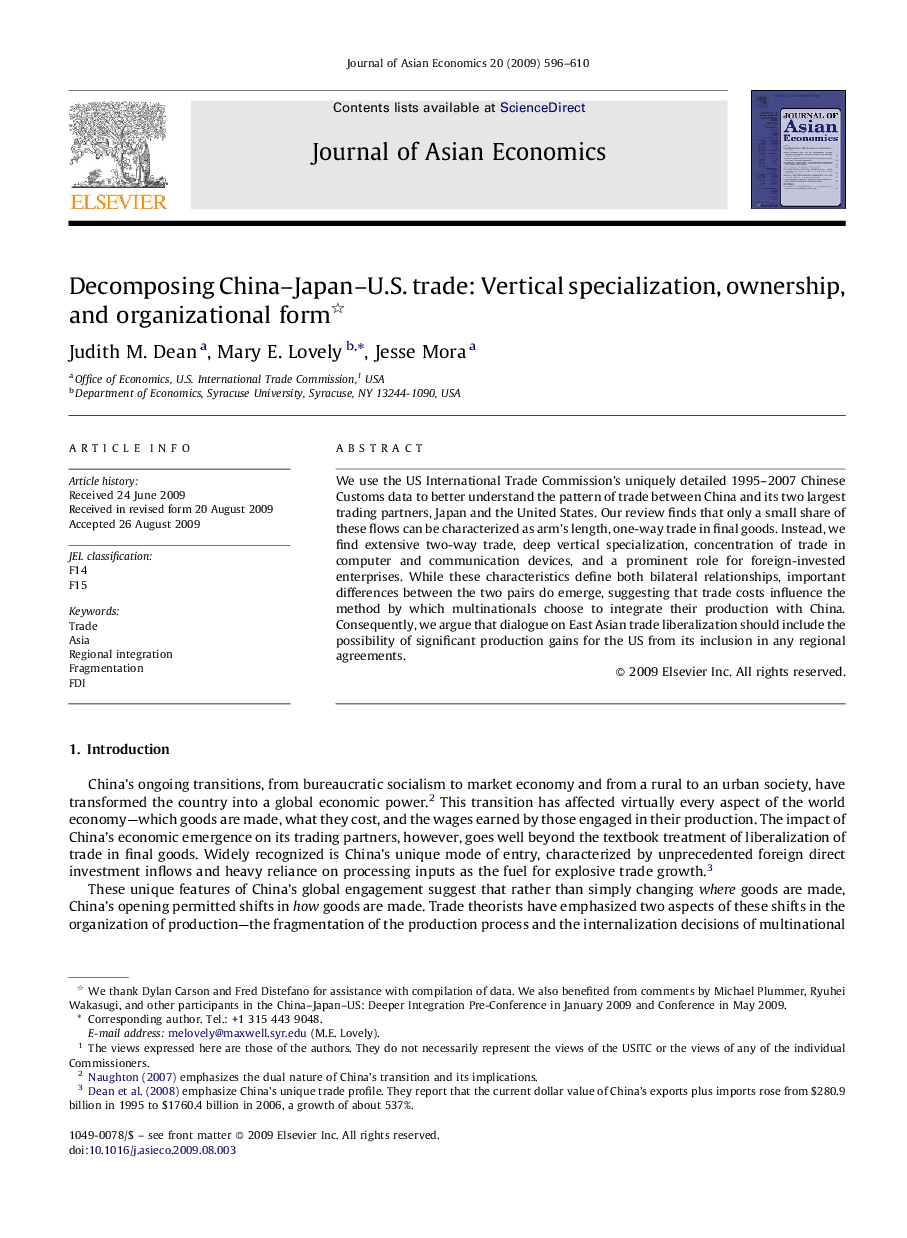 Decomposing China-Japan-U.S. trade: Vertical specialization, ownership, and organizational form