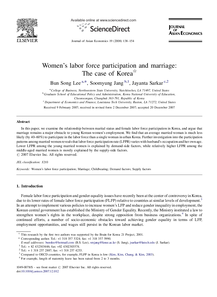 Women's labor force participation and marriage: The case of Korea