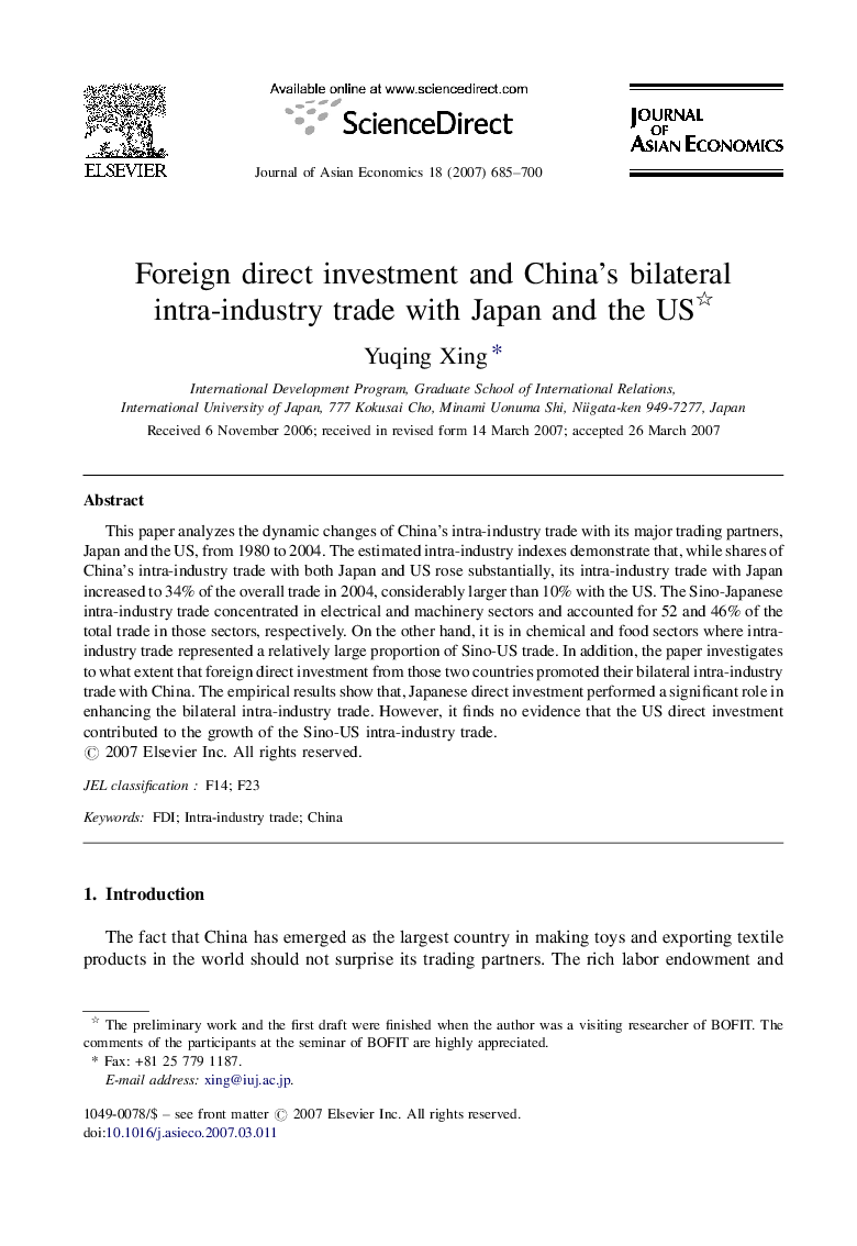 Foreign direct investment and China's bilateral intra-industry trade with Japan and the US