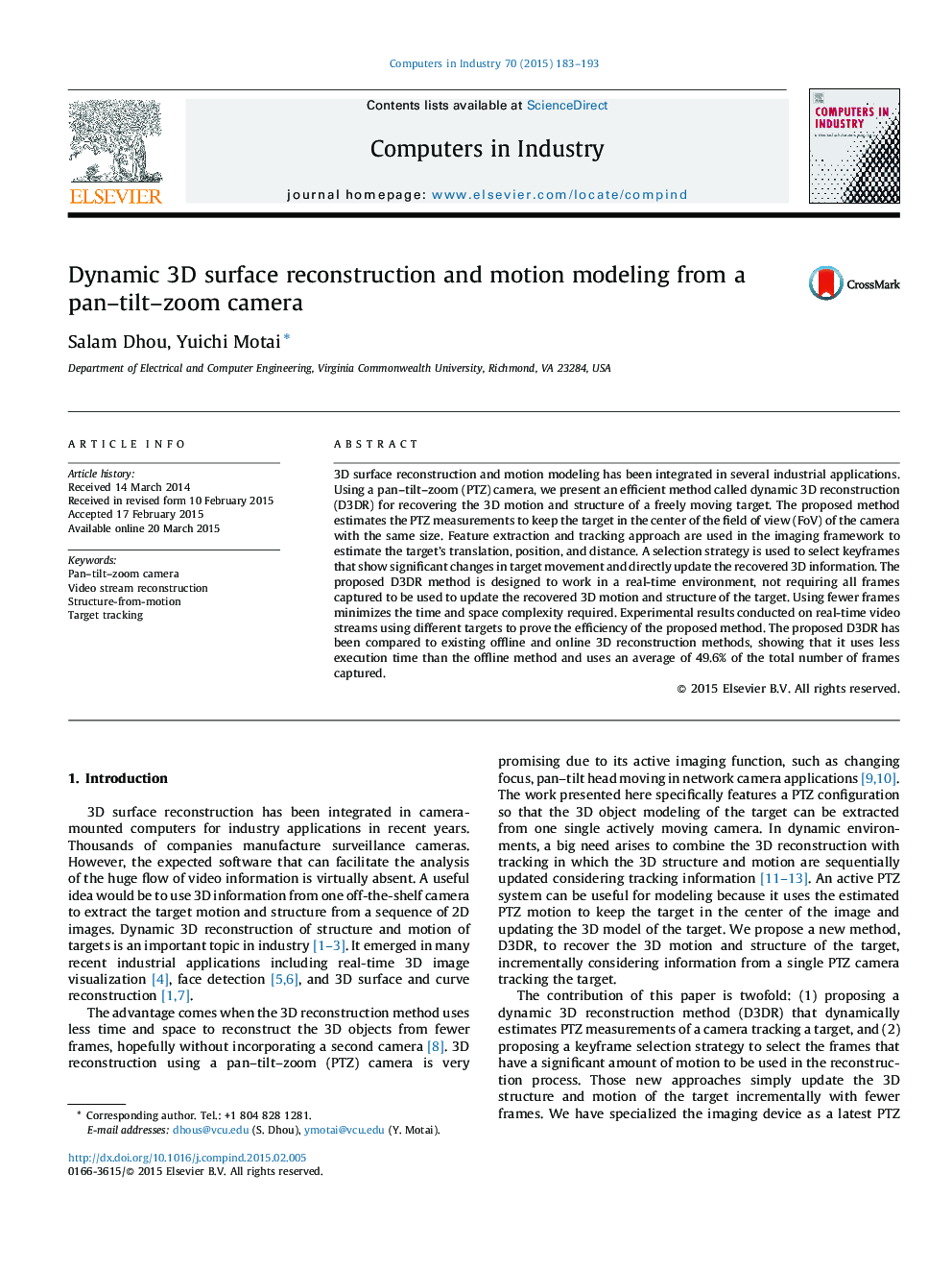 Dynamic 3D surface reconstruction and motion modeling from a pan–tilt–zoom camera