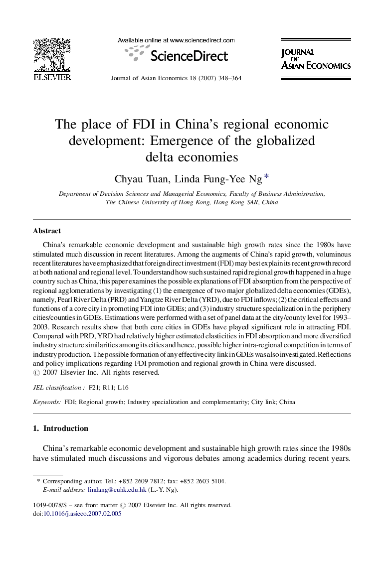 The place of FDI in China's regional economic development: Emergence of the globalized delta economies
